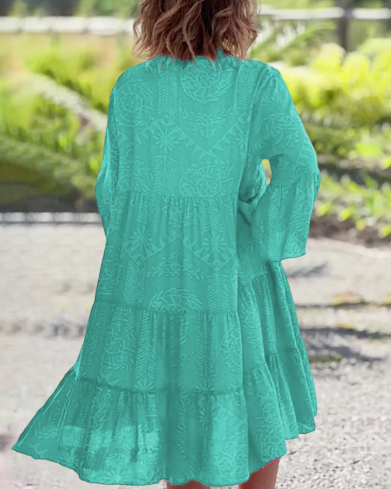 Skylar - Chic V-Neck 3/4 Flared Sleeves Ruffle Hem Dress