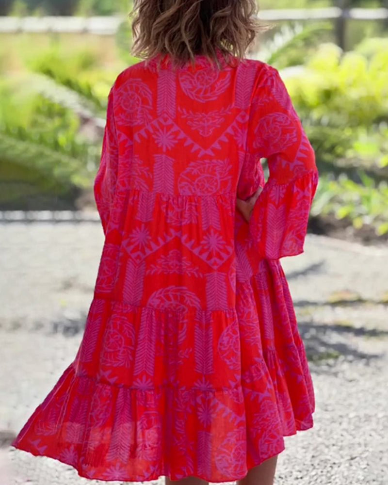 Skylar - Chic V-Neck 3/4 Flared Sleeves Ruffle Hem Dress