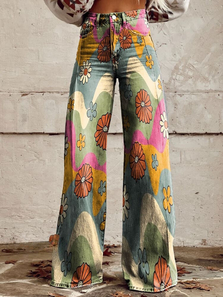 Mackenzie - Vintage Floral Wide-Leg Denim High-Waisted Pants