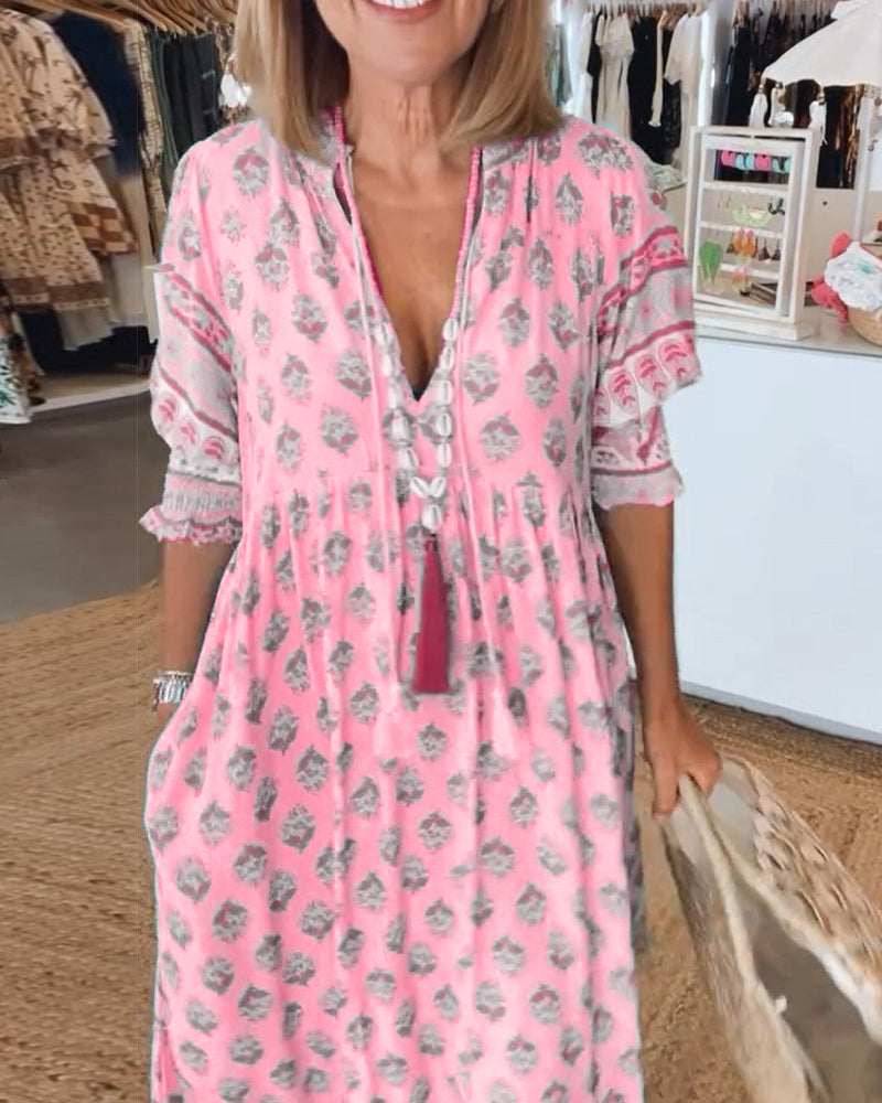 Miya - Casual Printed V-neck Half Sleeve Dress