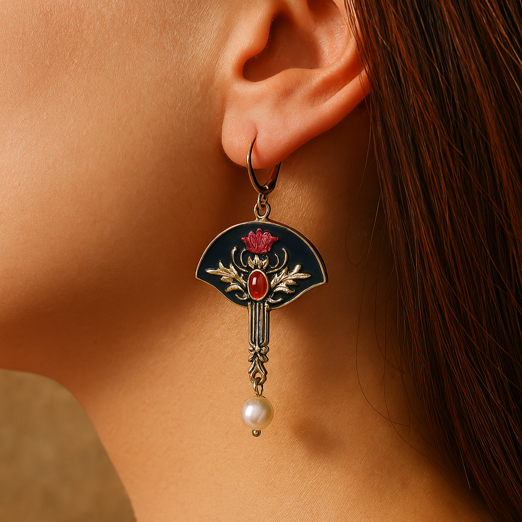 BOHO EARRINGS WITH PEARLS AND RED CRYSTAL