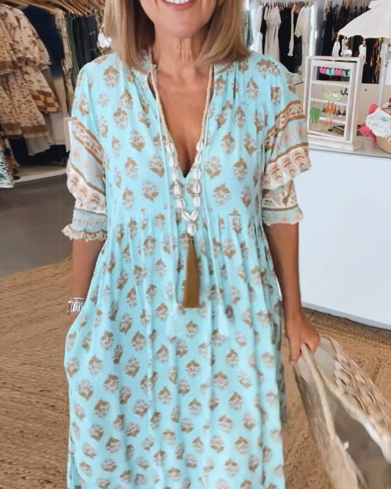 Miya - Casual Printed V-neck Half Sleeve Dress
