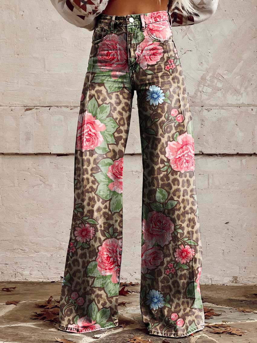 Aria - Vintage Floral High-Waisted Wide-Leg Jeans