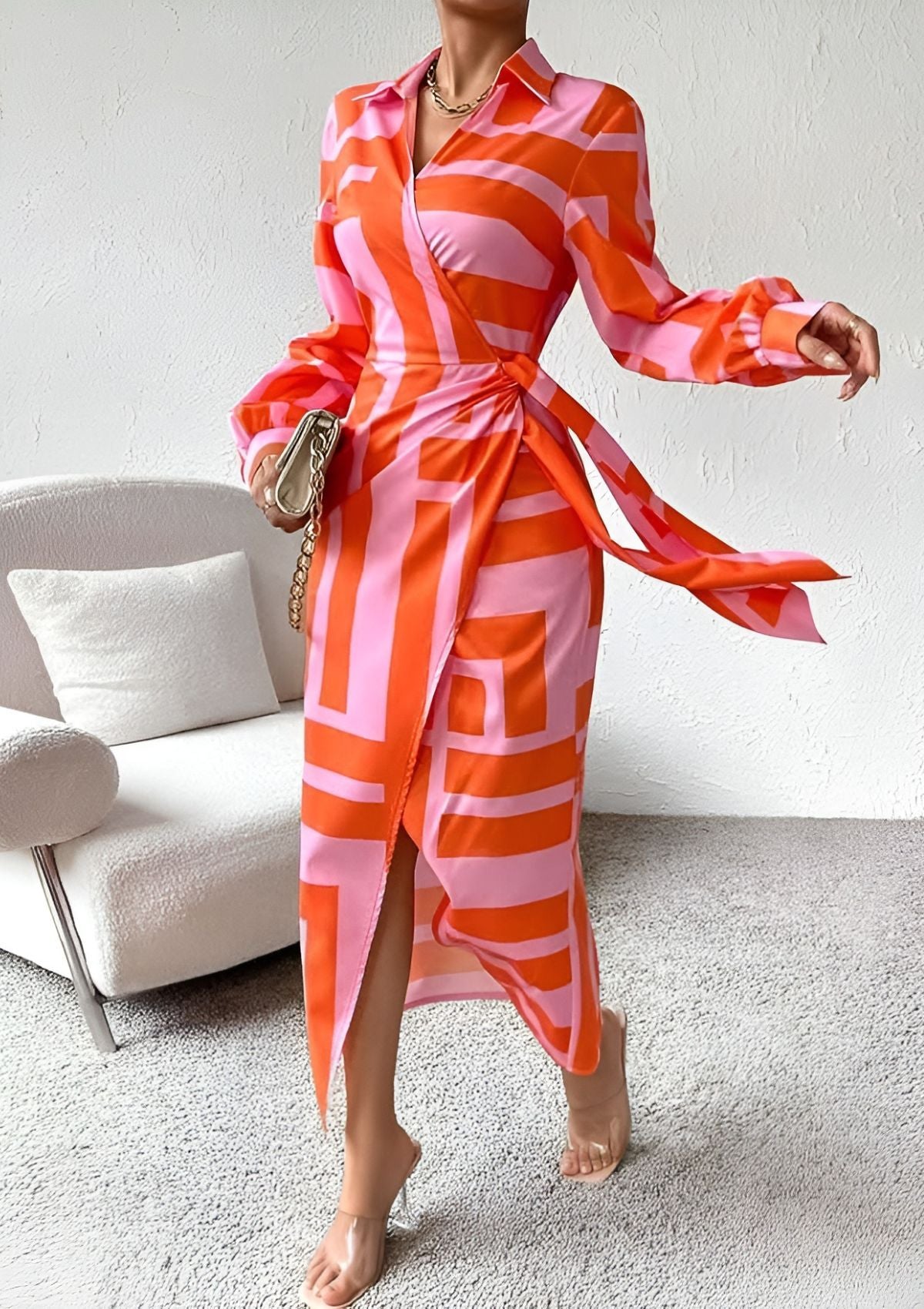 Olivia – Printed Waist-Cinching Shirt Dress