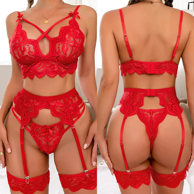 Lorraine - Enchanting Floral Pattern Three Piece Lingerie
