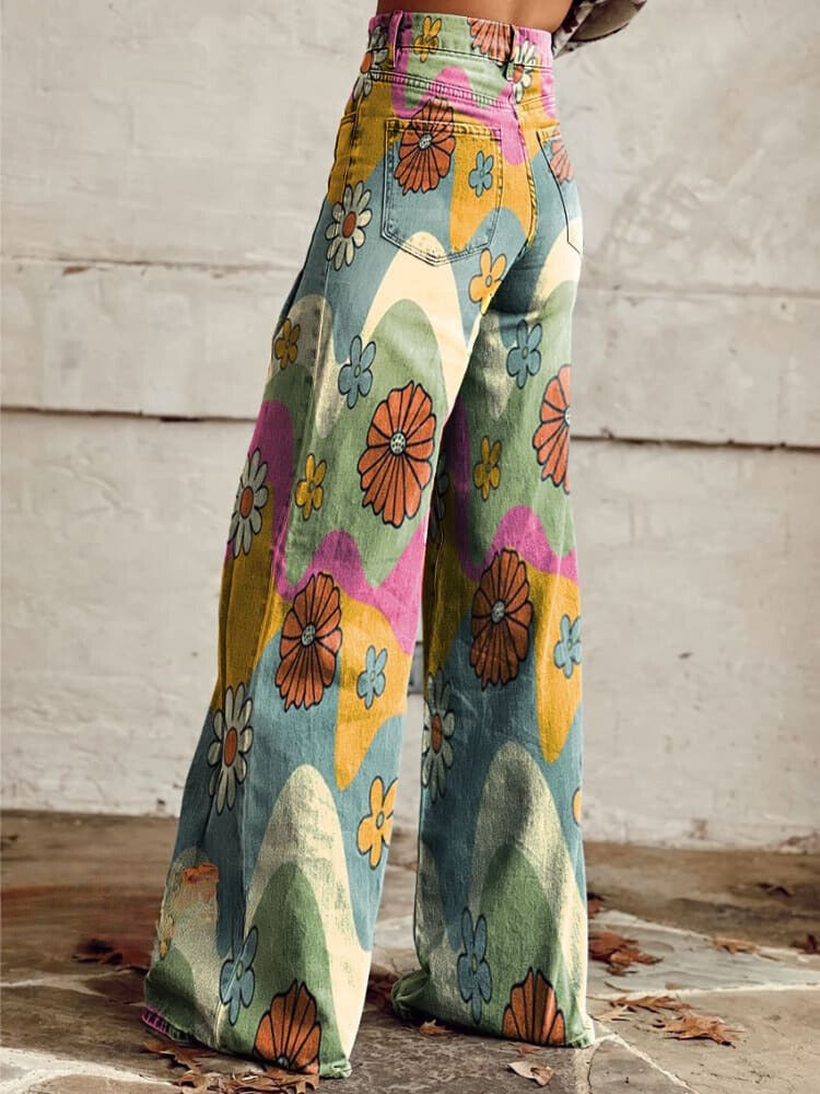 Mackenzie - Vintage Floral Wide-Leg Denim High-Waisted Pants