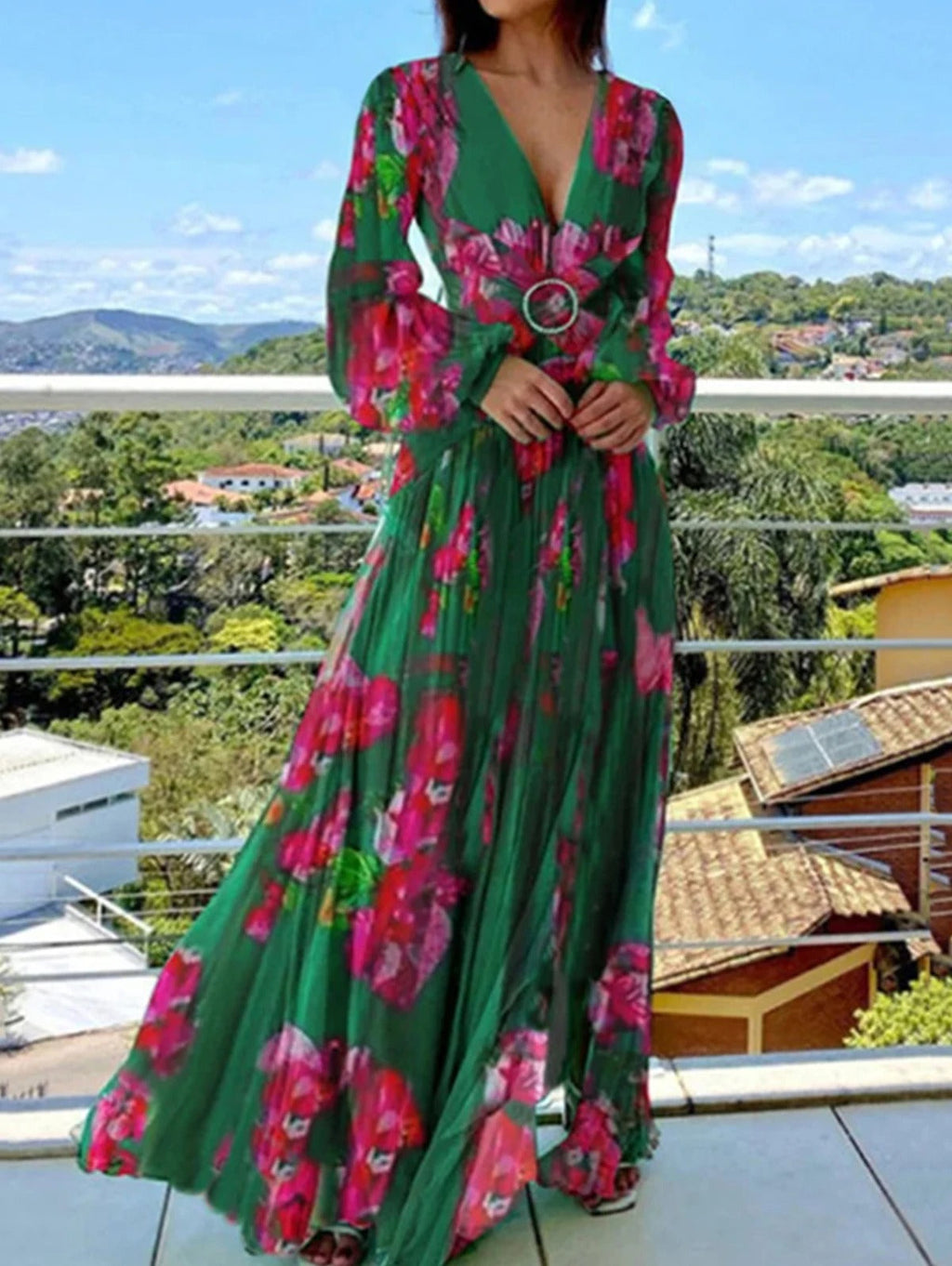 Aiah | V-Neck Floral Printing Lace Up Dress