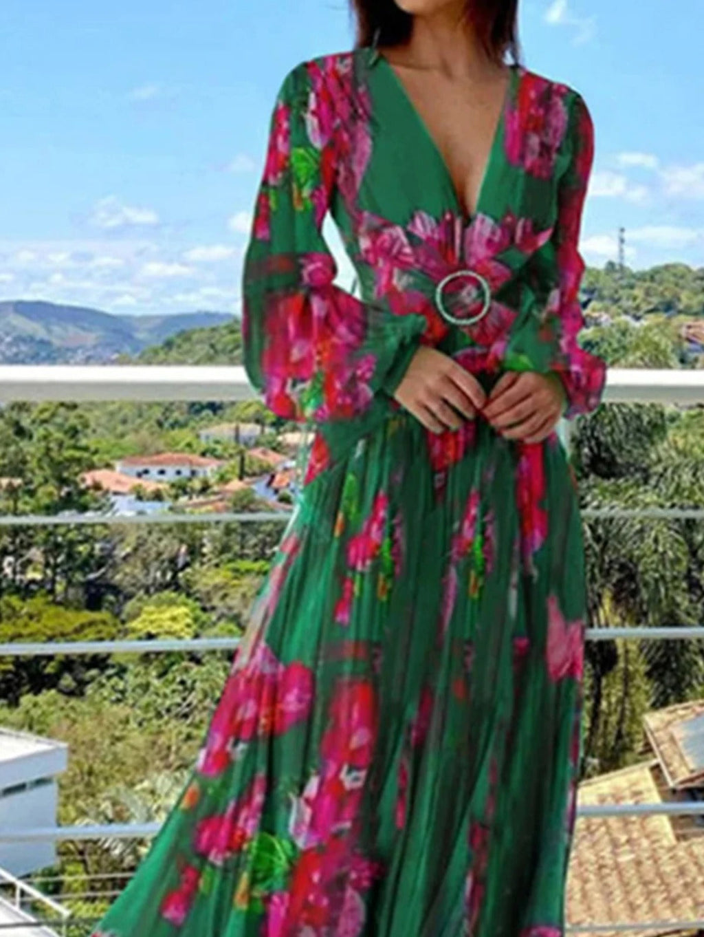 Aiah | V-Neck Floral Printing Lace Up Dress