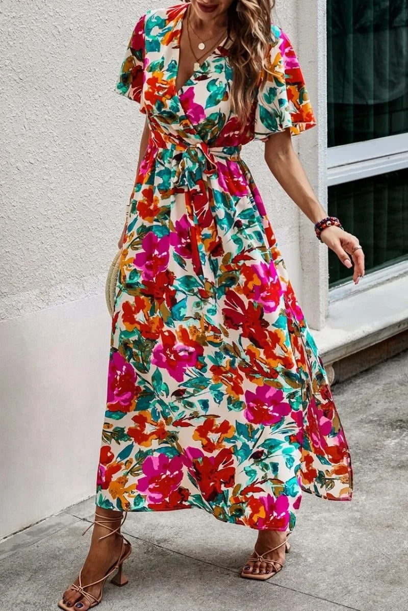 Lucille - Printed V-Neck Split Beach Vacation Dress