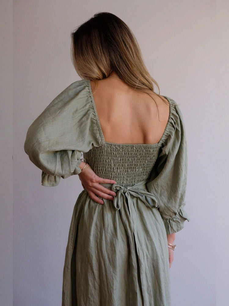 Aviana - Elegant Reversible Puff Sleeve Maxi Dress